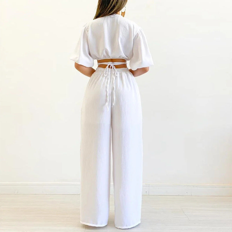 Conjunto Top Escote en V y Pantalón Ancho Verano