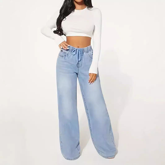 Jeans Talle Alto Cordón Pernera Ancha Azul Claro