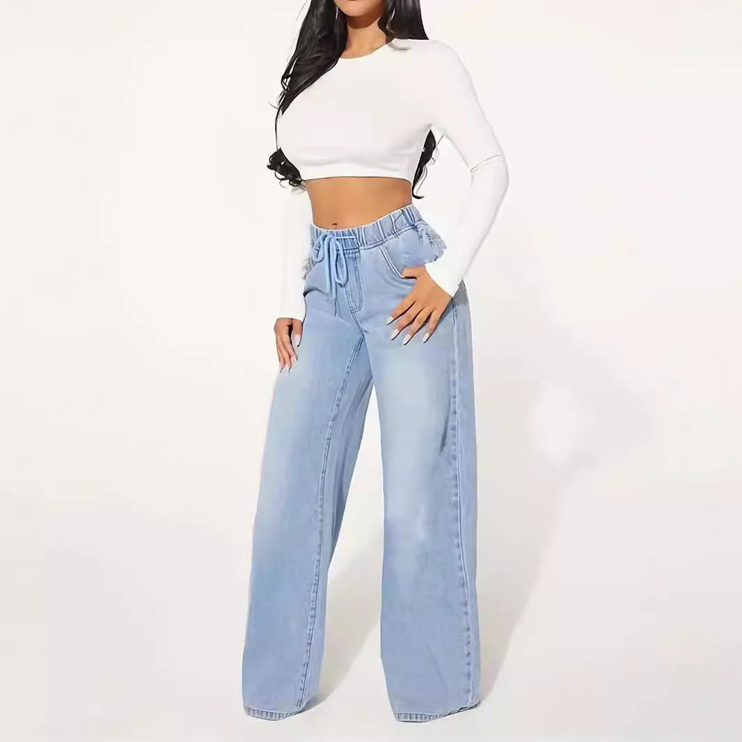 Jeans Talle Alto Cordón Pernera Ancha Azul Claro