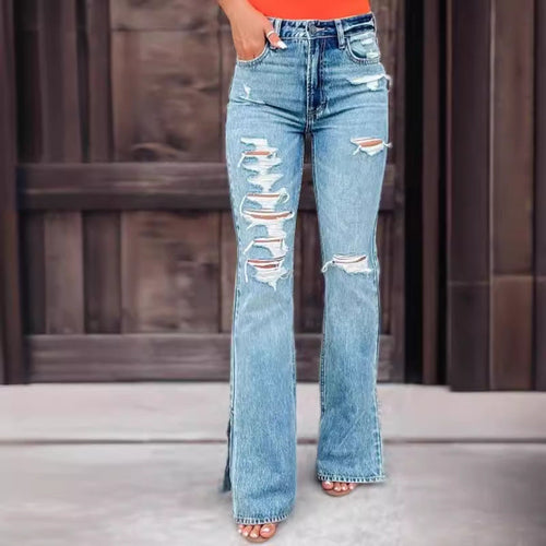 Jeans Talle Alto Rotos con Abertura Lateral Stretch