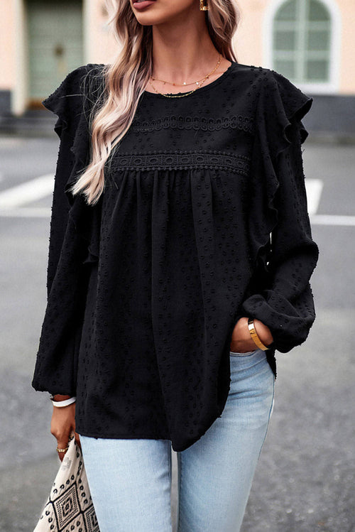 Blusa Manga Larga Encaje y Volantes en Hombros