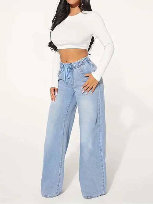 Jeans Talle Alto Cordón Pernera Ancha Azul Claro