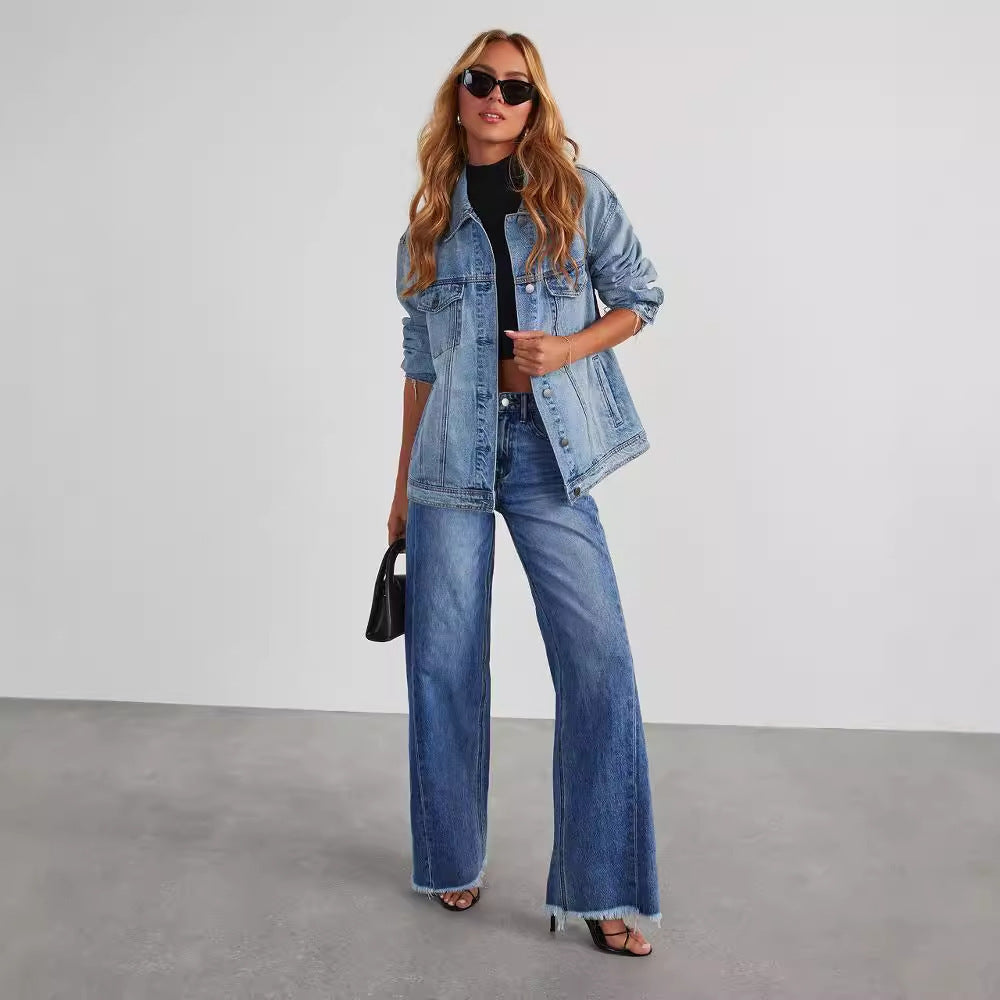 Jeans Talle Alto Pernera Ancha con Bolsillos