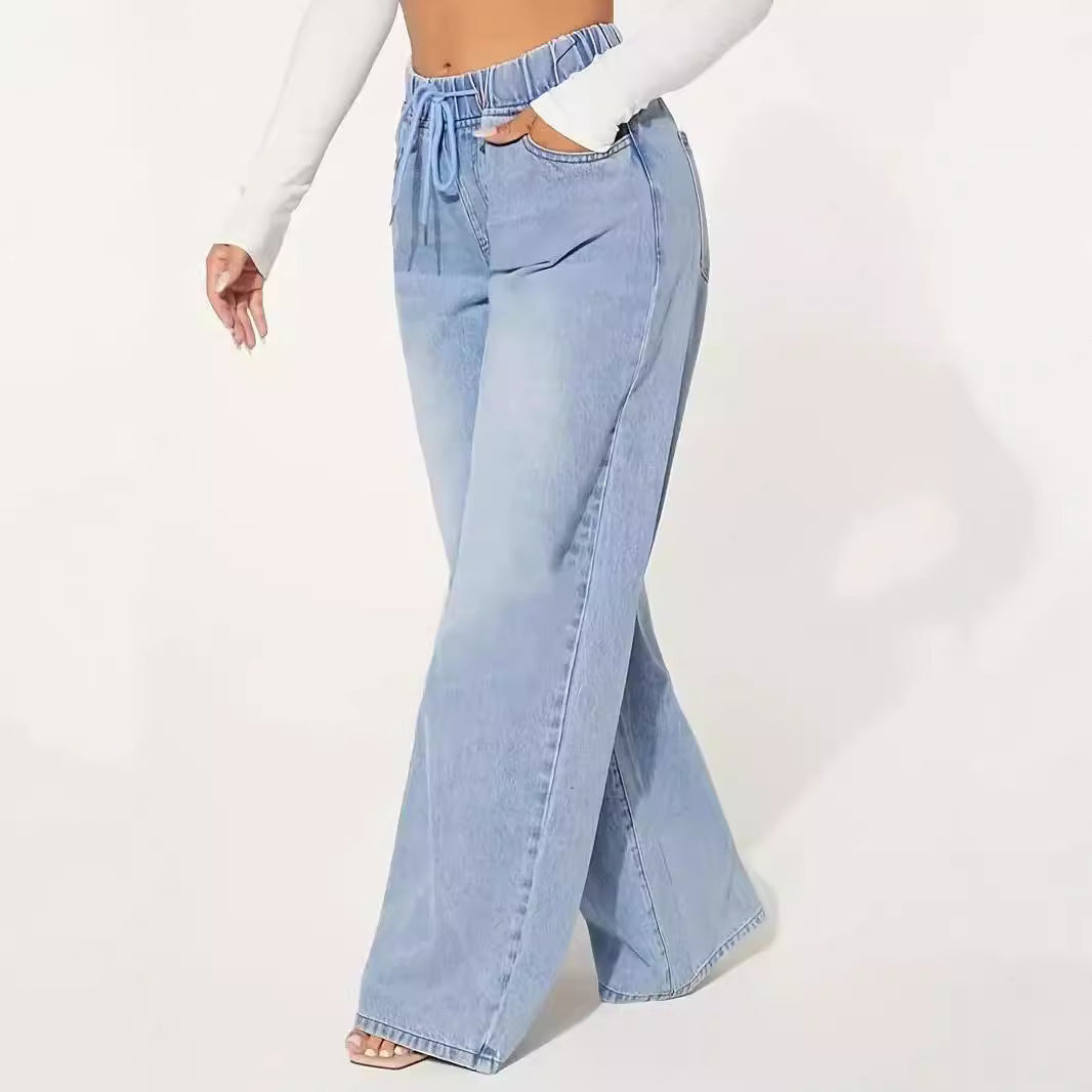 Jeans Talle Alto Cordón Pernera Ancha Azul Claro