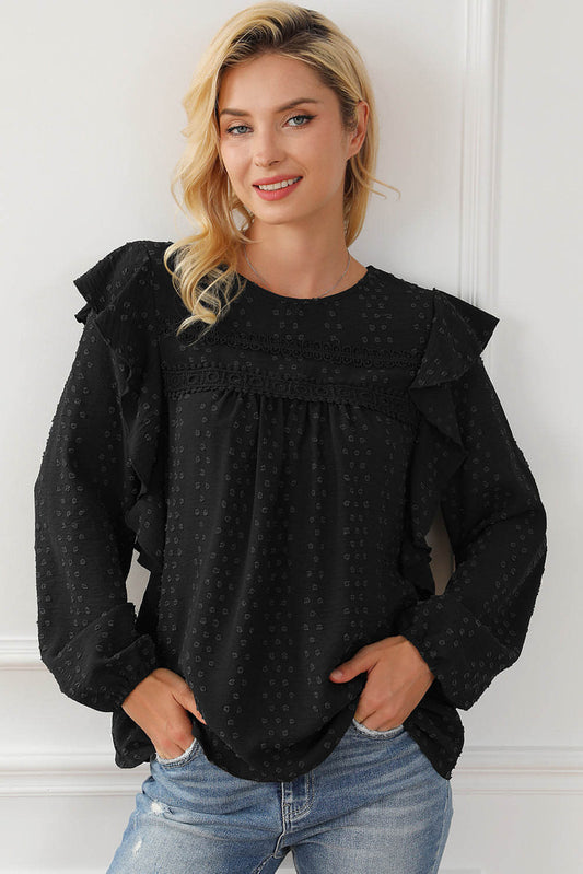 Blusa Manga Larga Encaje y Volantes en Hombros