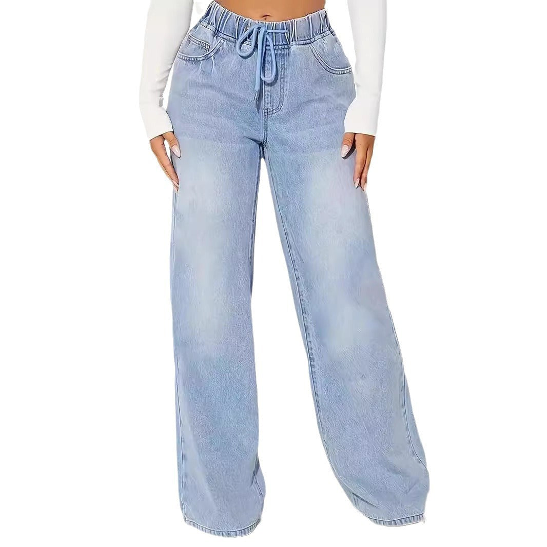 Jeans Talle Alto Cordón Pernera Ancha Azul Claro