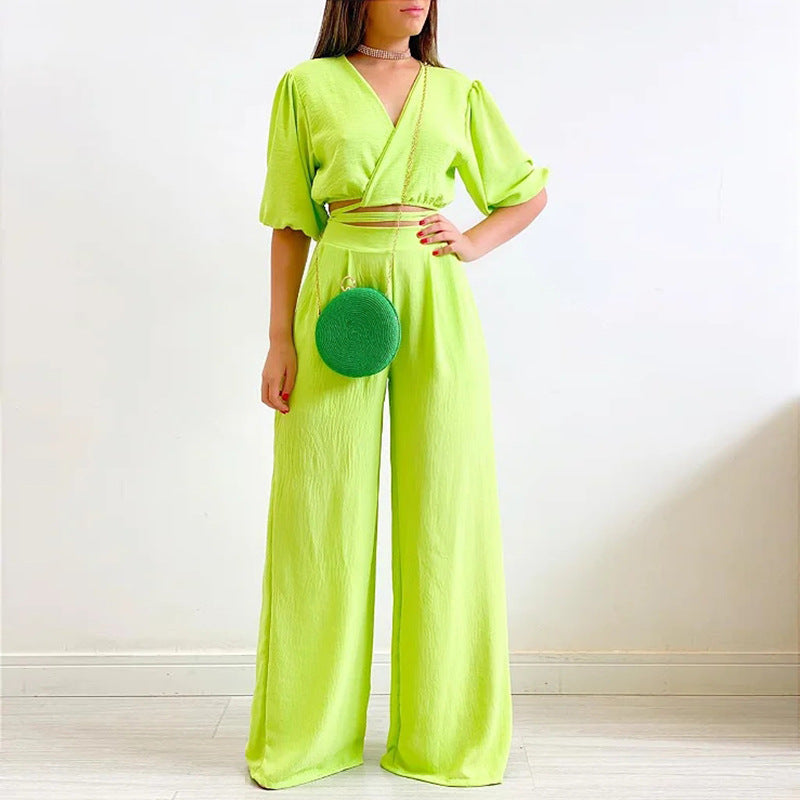 Conjunto Top Escote en V y Pantalón Ancho Verano