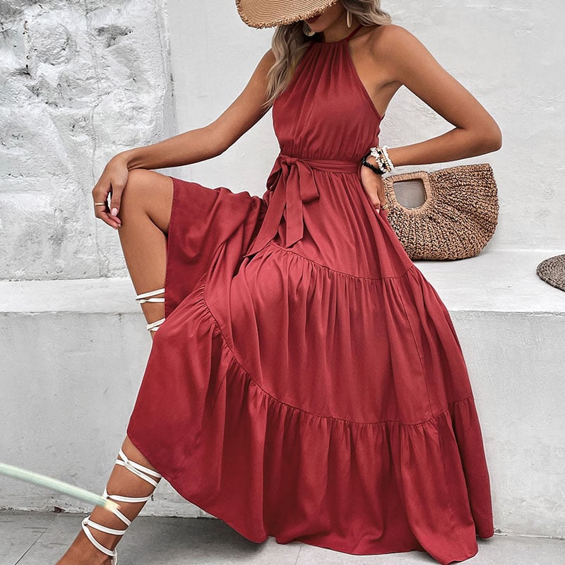 Vestido Halter Color Sólido Cuello Envolvente