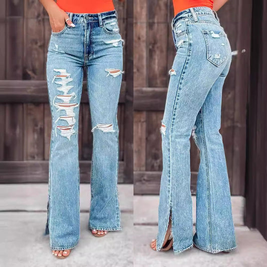 Jeans Talle Alto Rotos con Abertura Lateral Stretch