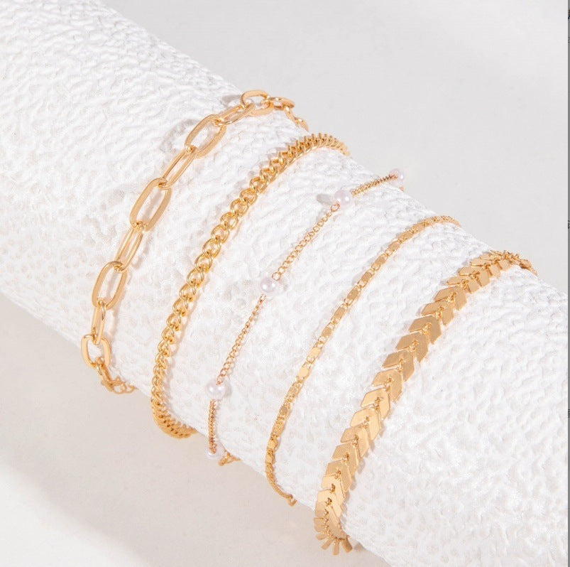 Tobillera de Perlas de 5 Piezas Moda de Verano para Mujer Multi-capa