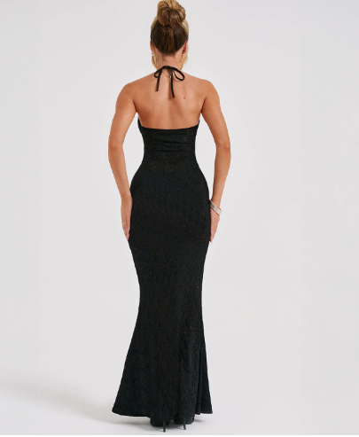 Vestido Halter de Encaje Escote en V