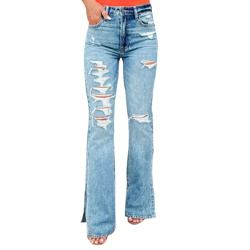 Jeans Talle Alto Rotos con Abertura Lateral Stretch