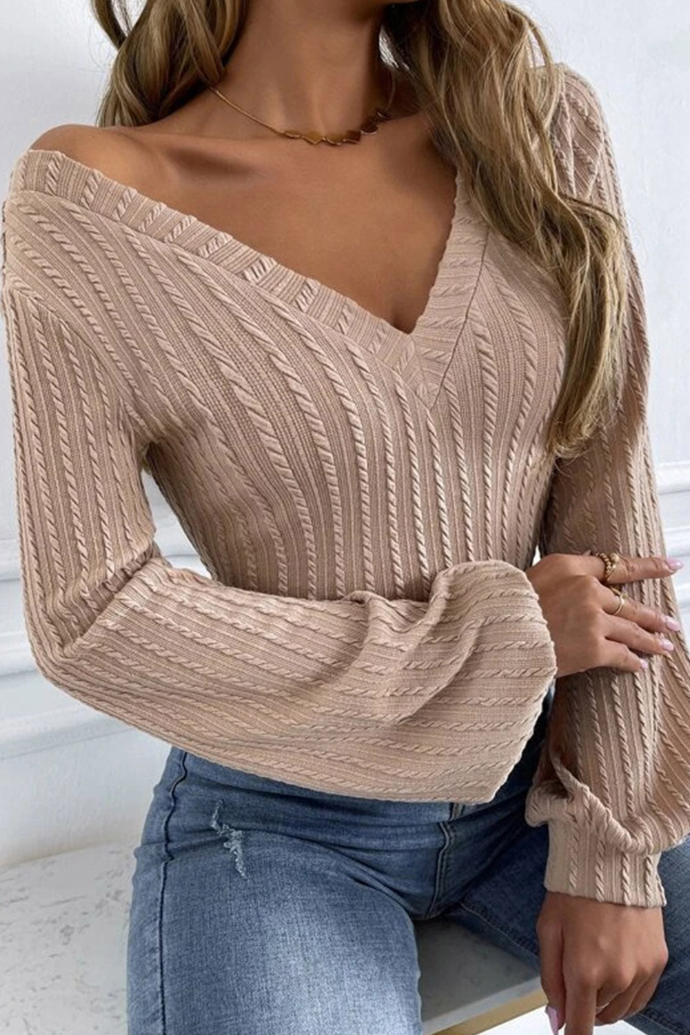 Top de Punto Jacquard Cuello V Manga Farol