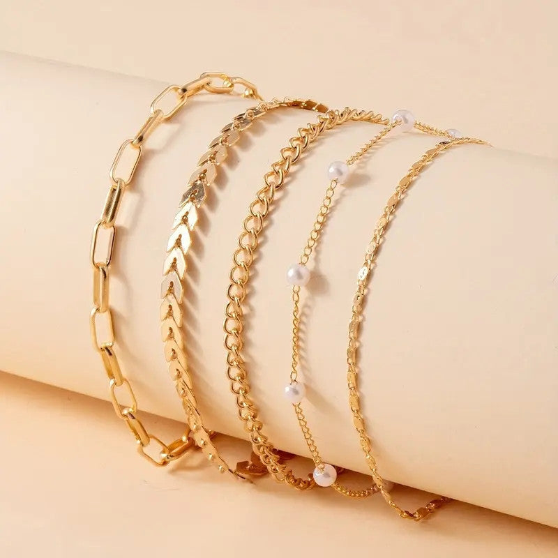 Tobillera de Perlas de 5 Piezas Moda de Verano para Mujer Multi-capa