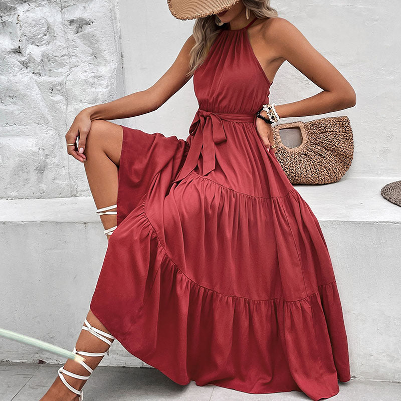 Vestido Halter Color Sólido Cuello Envolvente