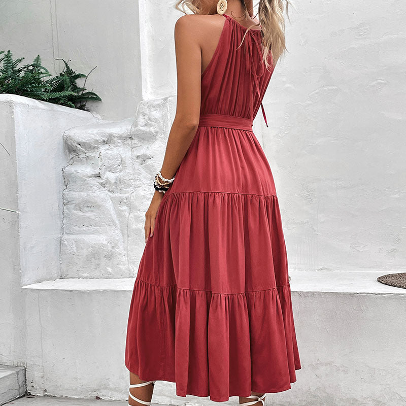 Vestido Halter Color Sólido Cuello Envolvente