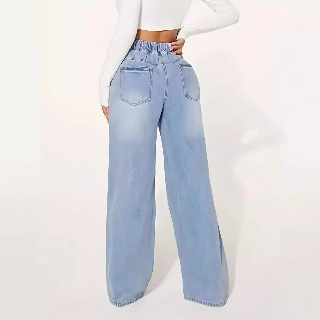 Jeans Talle Alto Cordón Pernera Ancha Azul Claro