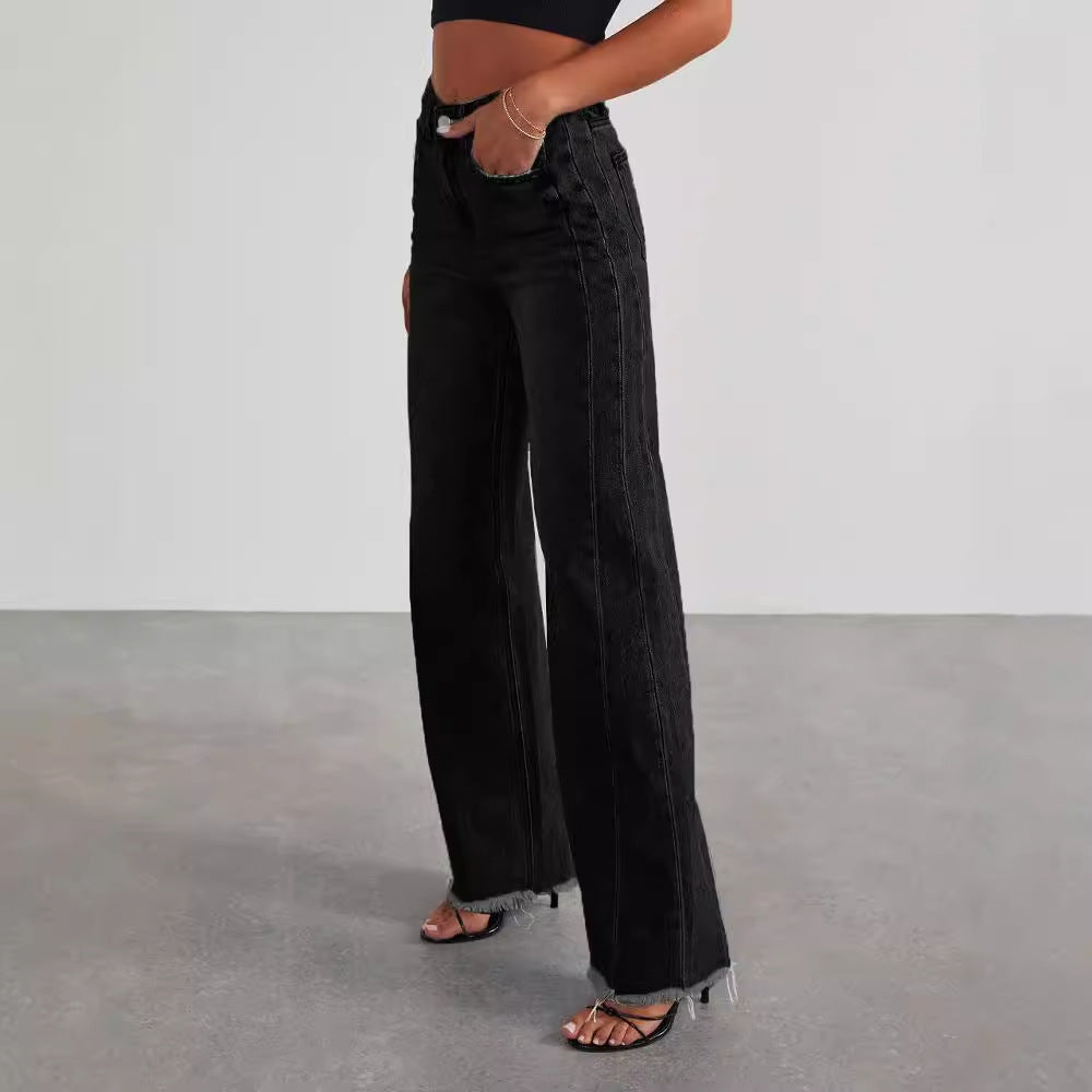 Jeans Talle Alto Pernera Ancha con Bolsillos