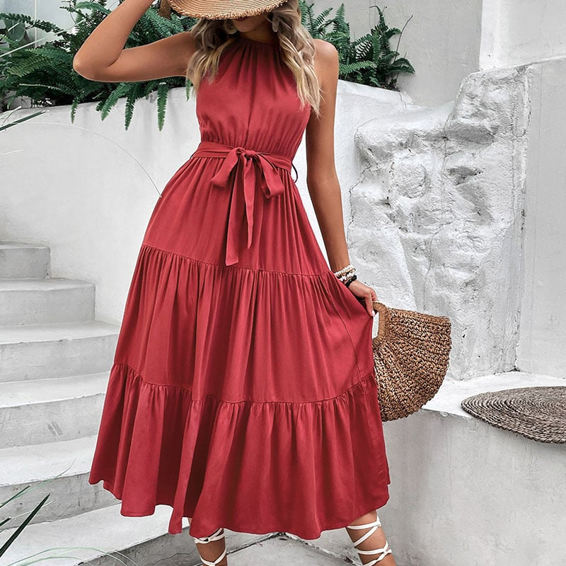 Vestido Halter Color Sólido Cuello Envolvente