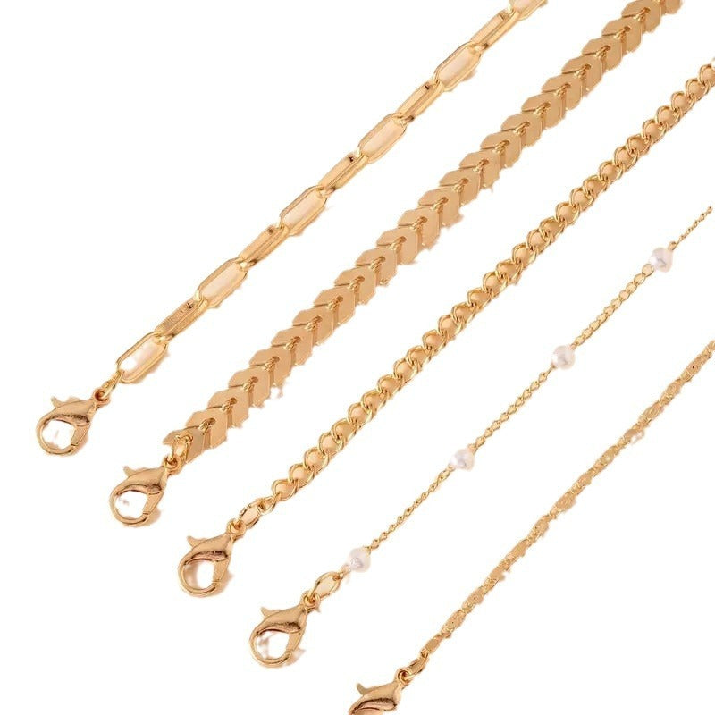 Tobillera de Perlas de 5 Piezas Moda de Verano para Mujer Multi-capa