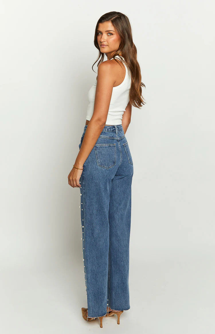 Jeans Cintura Oblicua con Detalle de Cuentas
