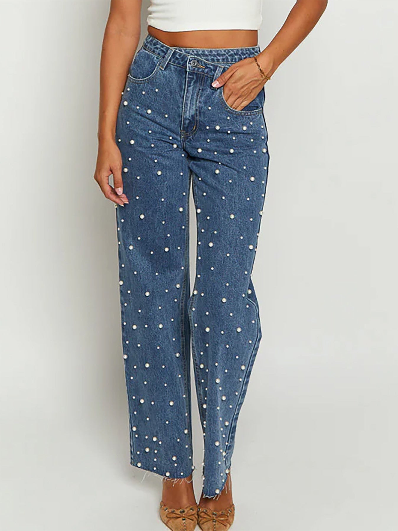 Jeans Cintura Oblicua con Detalle de Cuentas