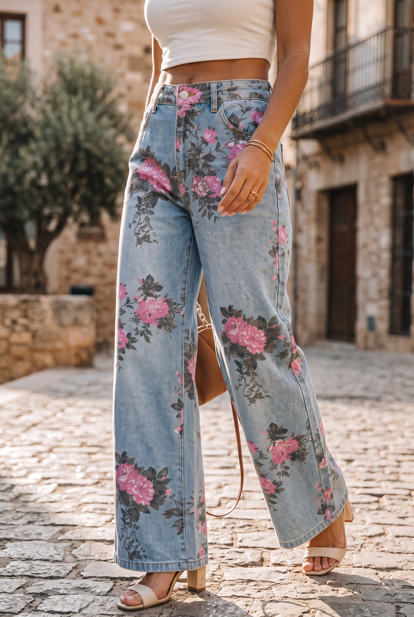 Jeans Bootcut Estampado Floral Vintage Tiro Alto