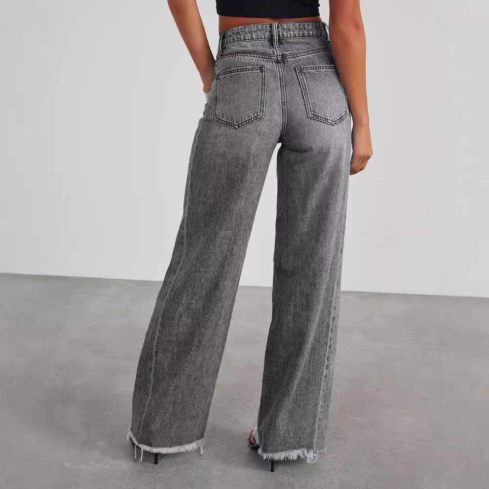 Jeans Talle Alto Pernera Ancha con Bolsillos